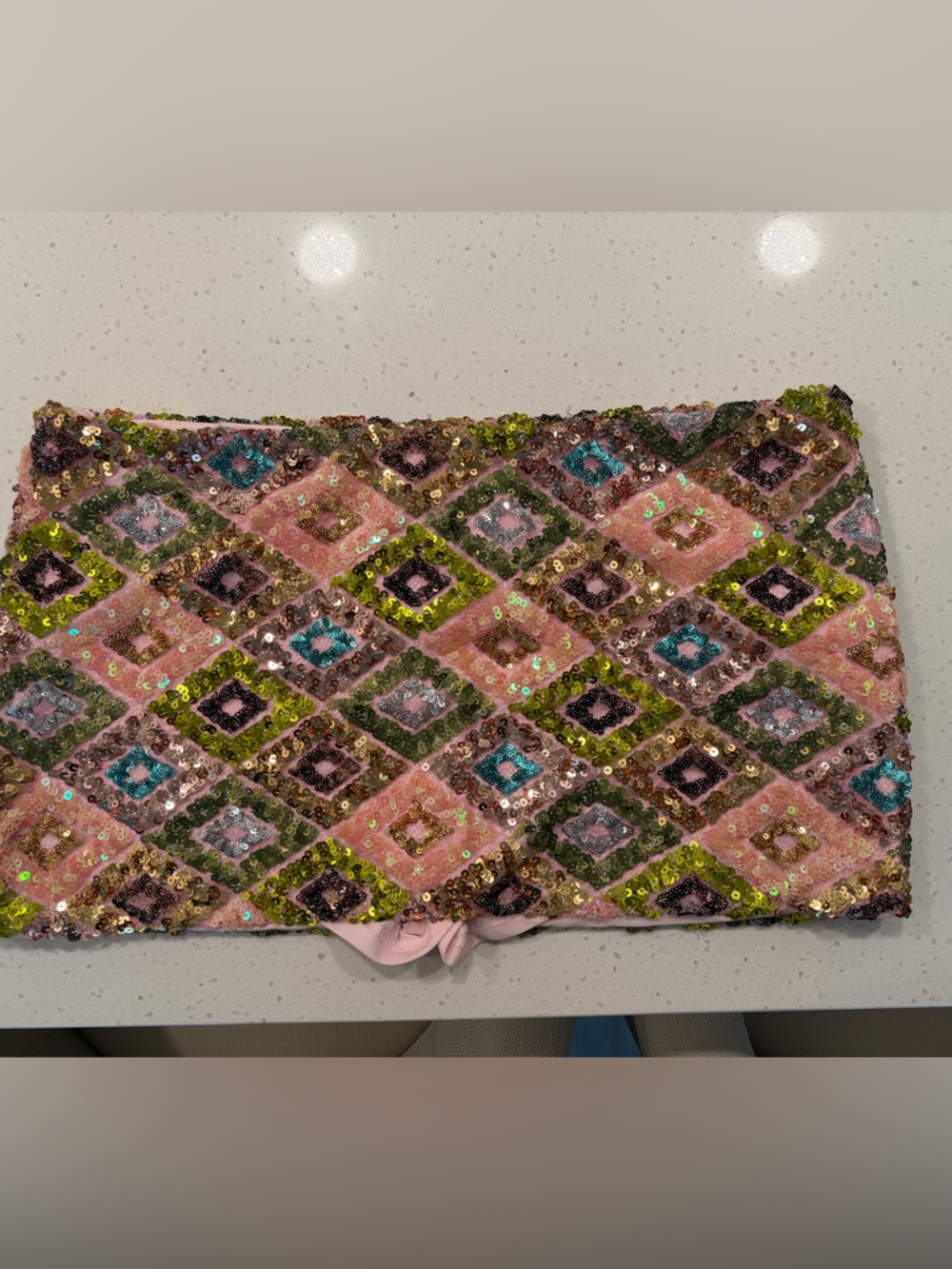 Edikted Pink Sequin Mini Skirt with Green and Teal Diamond Pattern
